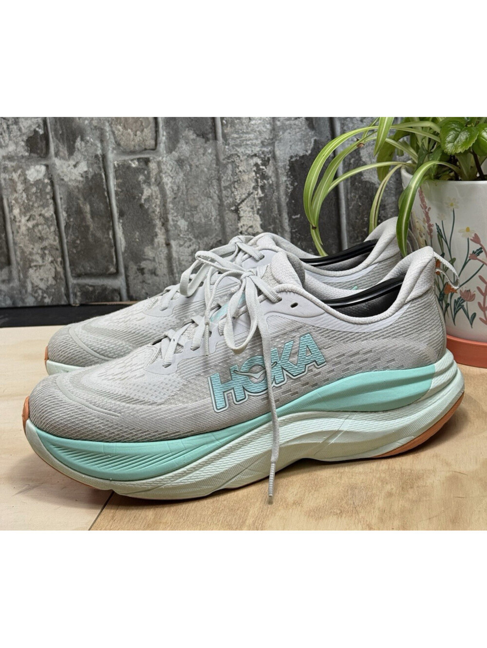 HOKA Women’s Gray/Blue/Orange Low Top Lace-Up Logo Mesh Running Rubber Outsole